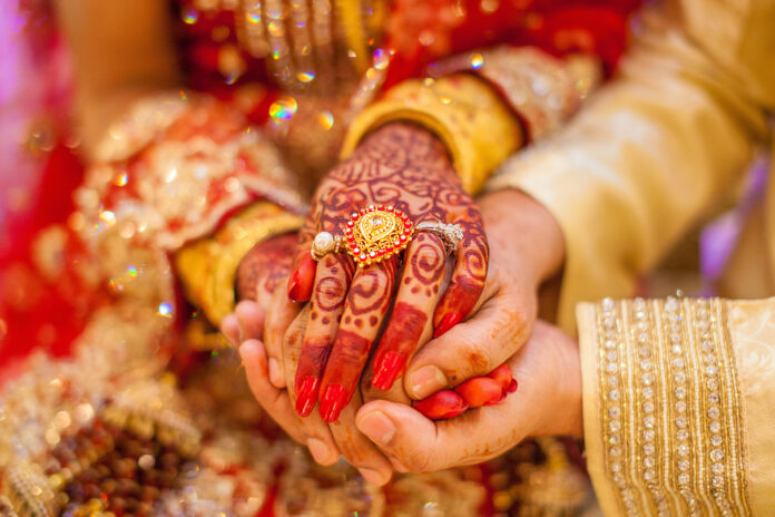 Indian Bride and Groom Holding Hands