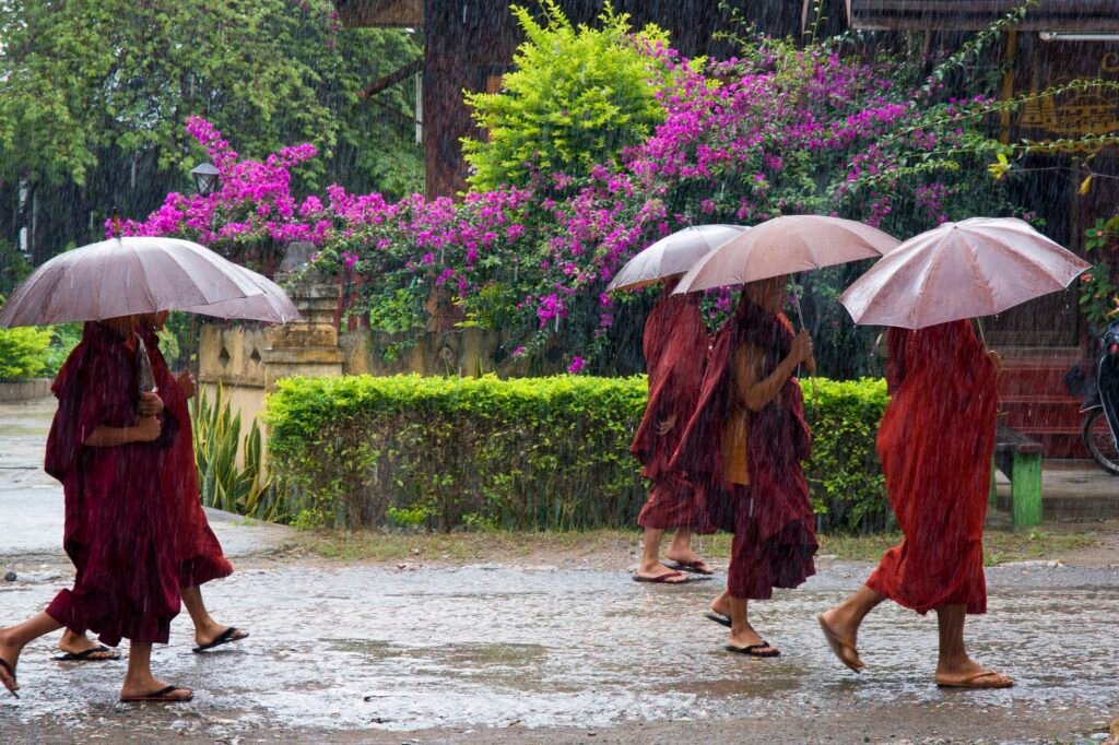 People walking in Rain under Umbrella