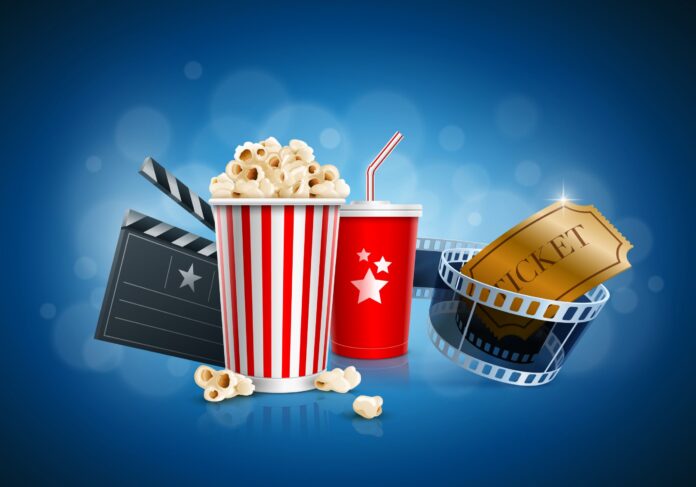 Popcorn Movie Clap Ticket in blue background