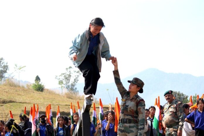 A student takes part in an activity during 'A Day with the Company Commander' organised by Assam Rifles