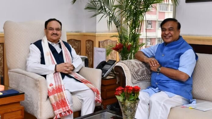 Himanta Biswa Sarma shakes hands with JP Nadda at BJP headquarters