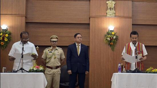 Two TIPRA Motha legislators were administered oath of secrecy as cabinet ministers by Tripura governor Indrasena Reddy Nallu at the Raj Bhawan