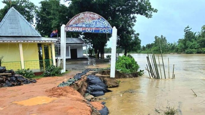 Floodwaters from Kalo River near village in South Salmara-Mankachar