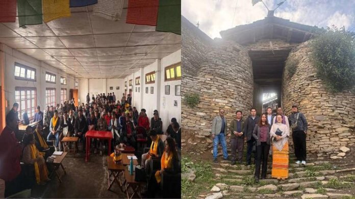 Traditional stone houses and Monpa villagers in Thembang village, Arunachal Pradesh