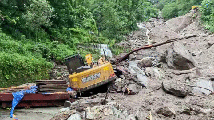 Debris and mud at landslide site in Sikkim