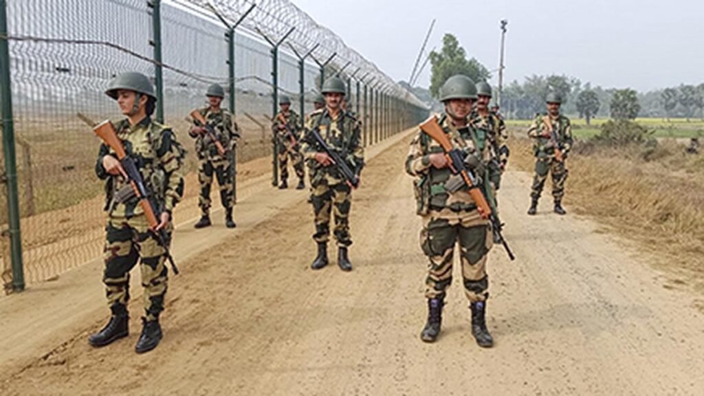 BSF personnel patrolling unfenced area in West Garo Hills after apprehending illegal Bangladeshis