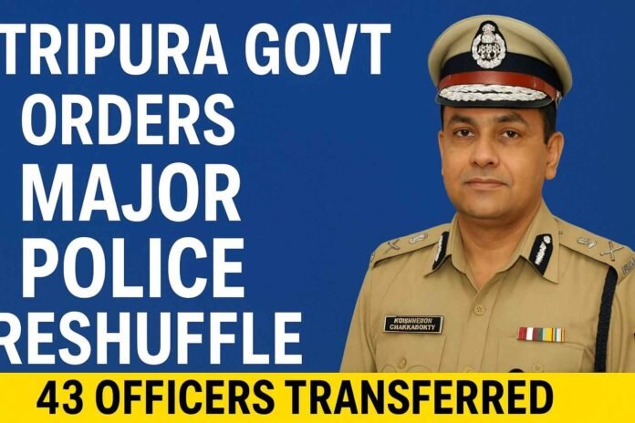 The Tripura government has announced a major police reshuffle, transferring 43 IPS and TPS officers. Key appointment