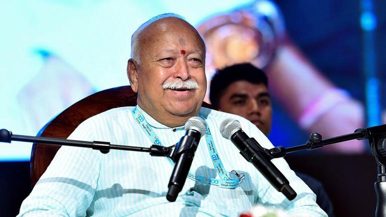 Rashtriya Swayamsevak Sangh (RSS) Chief Mohan Bhagwat speaks during the '100 Years of Sangh Journey New Horizons' lecture, in Bengaluru on November 9