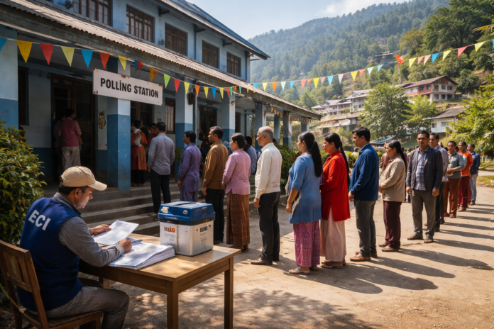Sikkim municipal polls 2026 voting process at polling station with voters in queue
