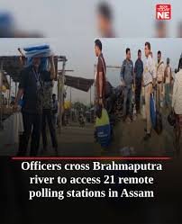 Election officials traveling by boat across Brahmaputra to reach remote polling stations