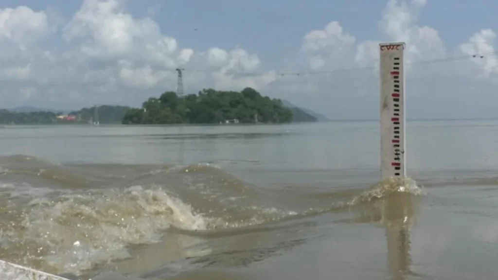 Flooded Brahmaputra riverbank areas in Assam during rising monsoon water levels