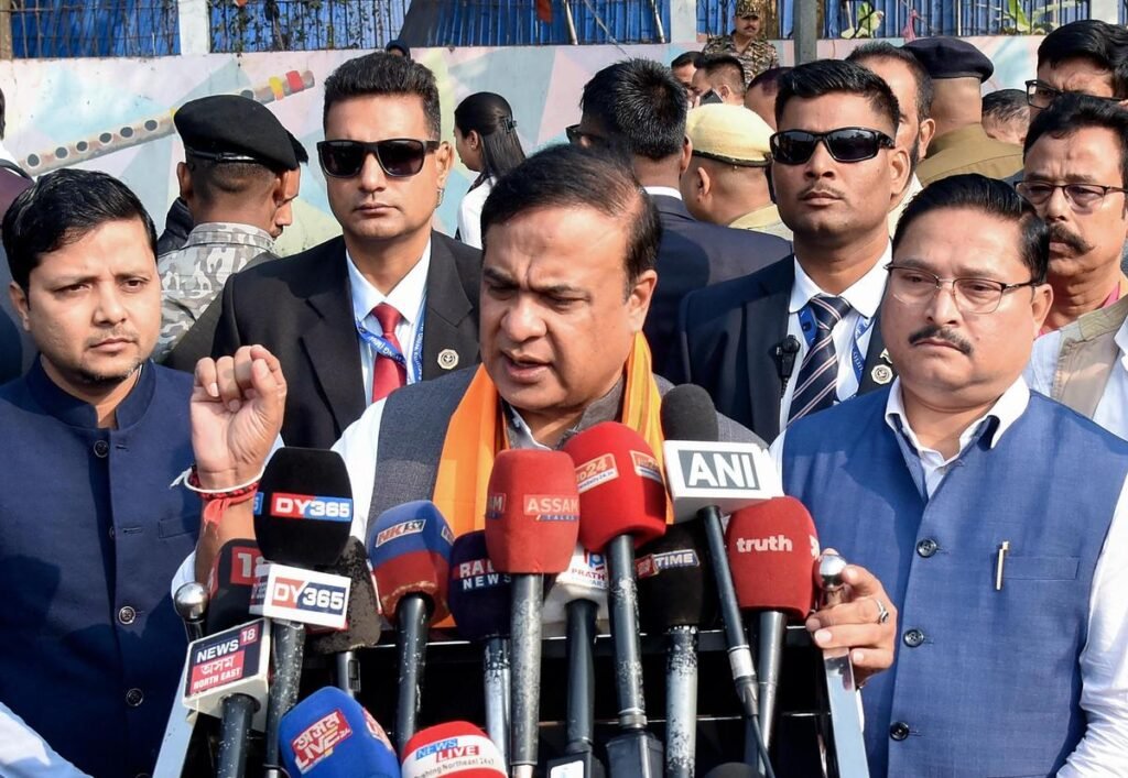 Assam Chief Minister Himanta Biswa Sarma addressing political gathering amid election-related controversy