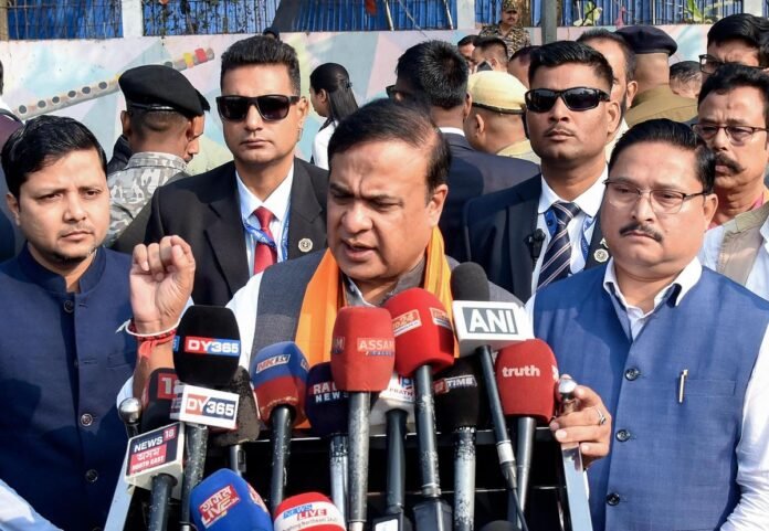 Assam Chief Minister Himanta Biswa Sarma addressing political gathering amid election-related controversy