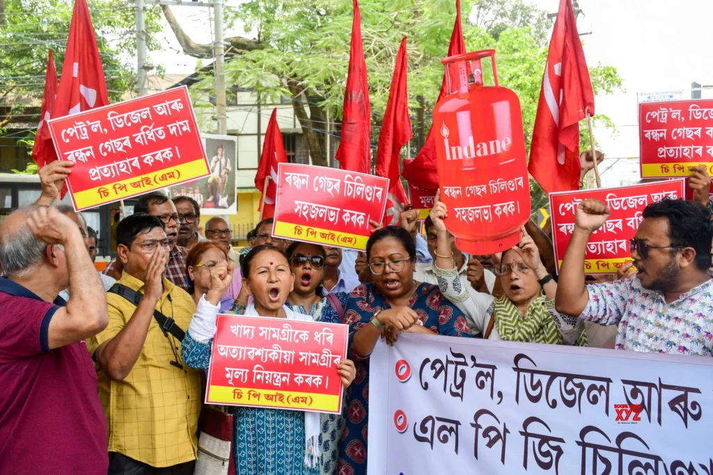 CPI(M) workers protesting in Guwahati against rising fuel prices and LPG shortages