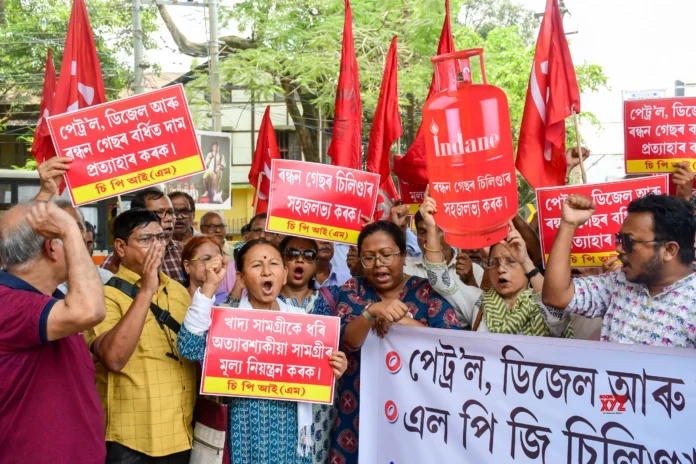 CPI(M) workers protesting in Guwahati against rising fuel prices and LPG shortages