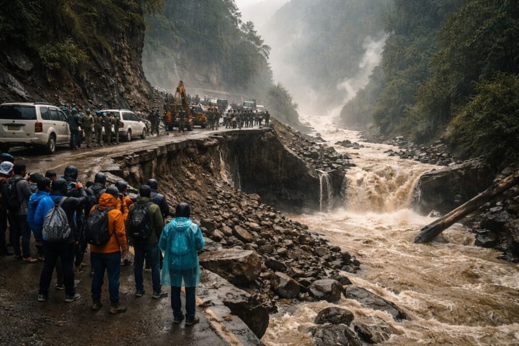 Blocked mountain road in Lachen, Sikkim showing disrupted travel route affecting tourists and local transport due to prolonged road closure