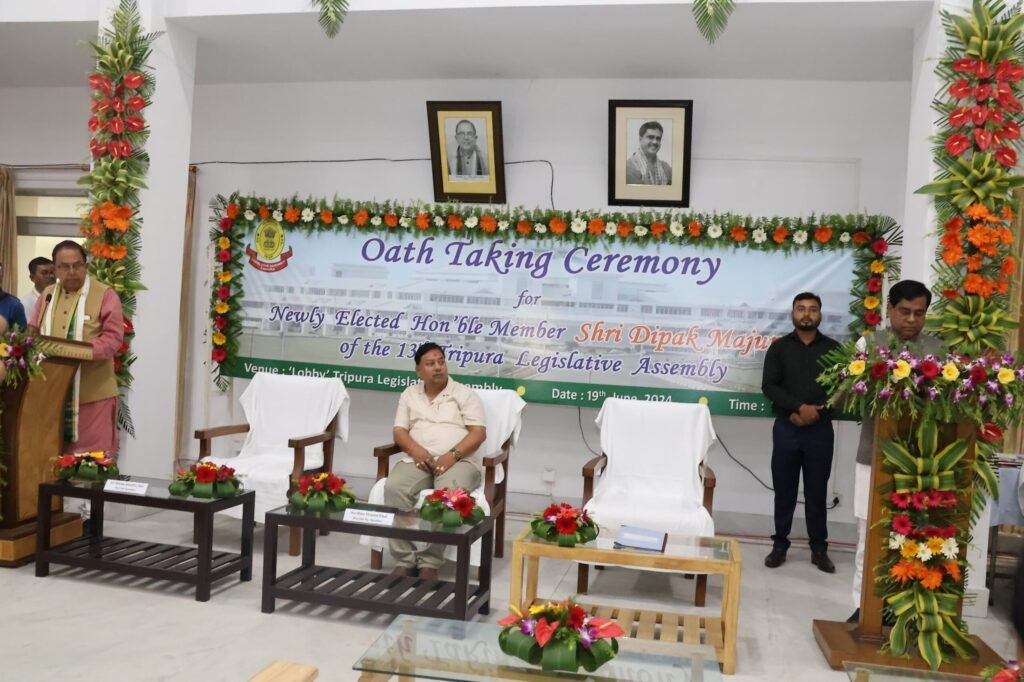 Newly elected Dharmanagar MLA Jahar Chakraborty takes oath at Tripura Legislative Assembly complex