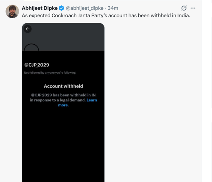 Cockroach Janta Party's X account withheld in India hours after it surpasses BJP on Instagram with nearly 13 million follower