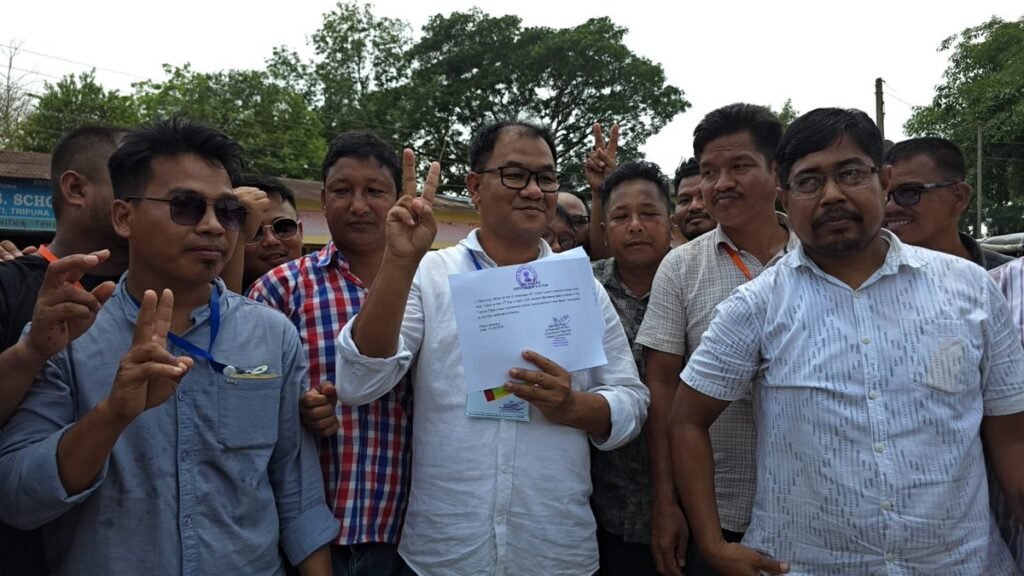 Tipra Motha supporters celebrating major victory in Tripura Tribal Areas Autonomous District Council elections