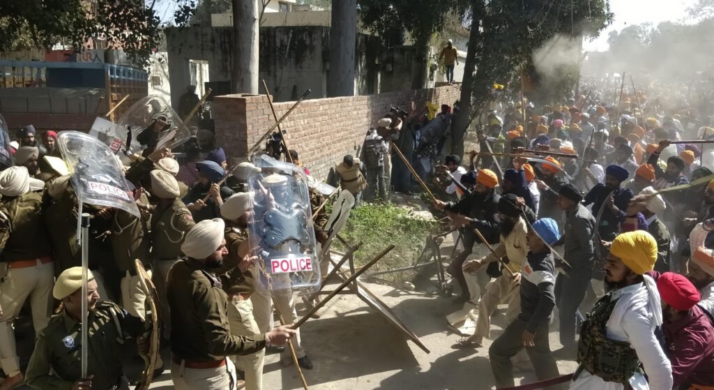 Security personnel deployed outside Canning police station during protests following arrest of a political leader