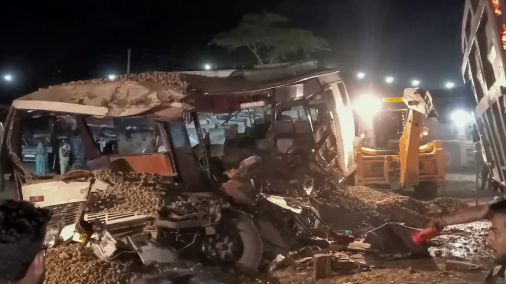 Overturned dumper truck in Tripura’s Dhalai district after deadly rain-related road accident