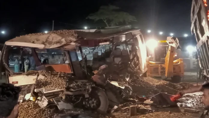 Overturned dumper truck in Tripura’s Dhalai district after deadly rain-related road accident