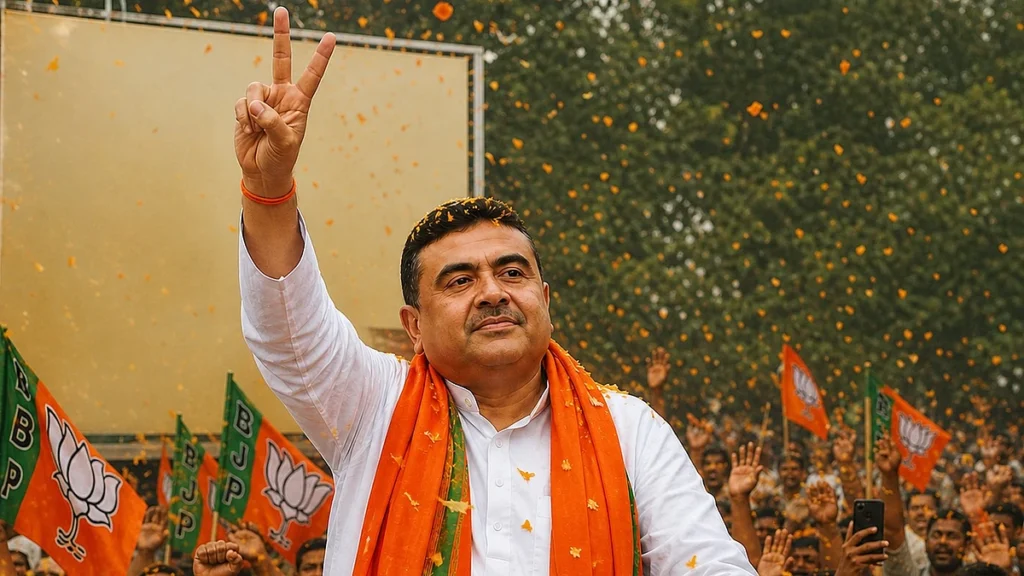 Suvendu Adhikari taking oath as BJP Chief Minister at Brigade Parade Ground in Kolkata