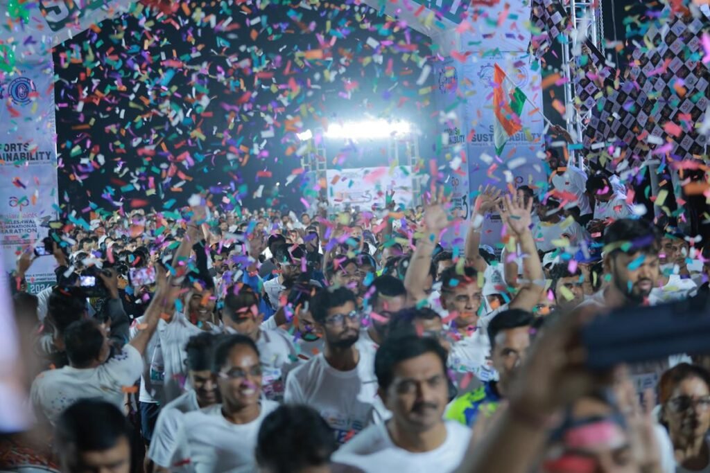 Participants taking part in the 90th anniversary morning marathon celebration in Agartala with sports personalities leading the event