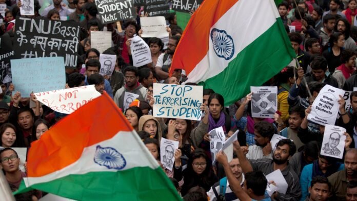 Left student and youth activists gather outside the DGP office during a protest demanding justice over a student's death.