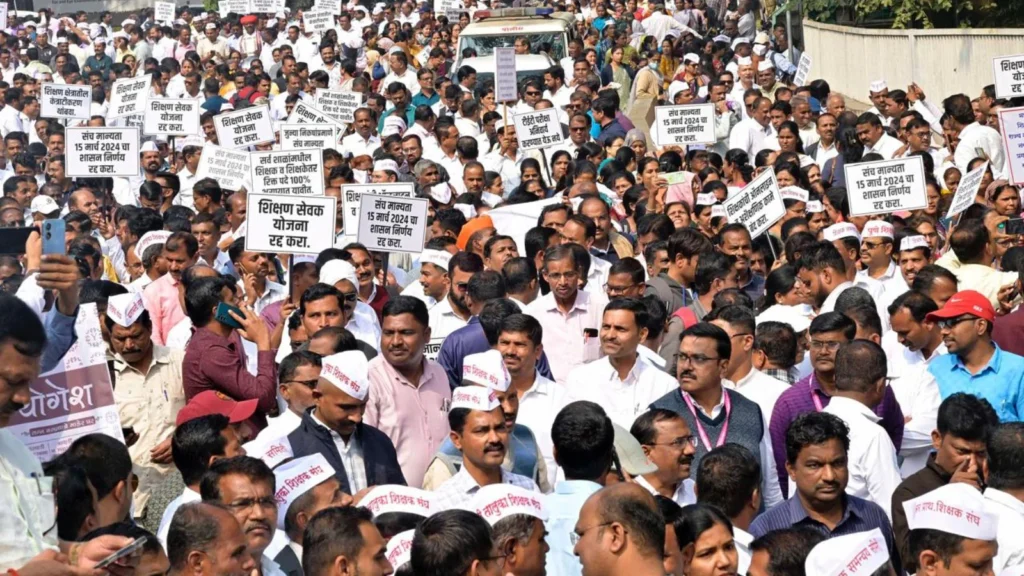 Members of a teachers' organization address supporters while announcing a statewide protest over the Supreme Court's TET qualification verdict.