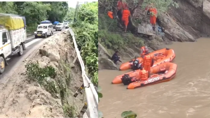 Rescue personnel conduct search activities during the Teesta River Recovery Operation in Sikkim.
