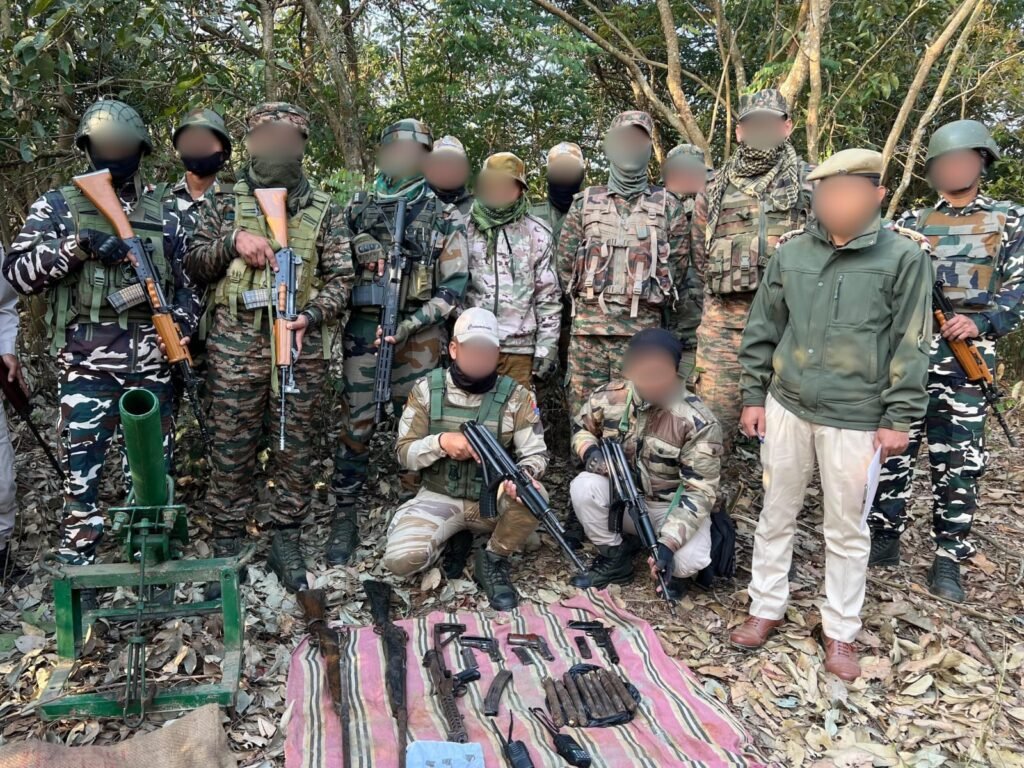 Security personnel secure an operation site in Churachandpur after a coordinated intelligence-based mission in Manipur.