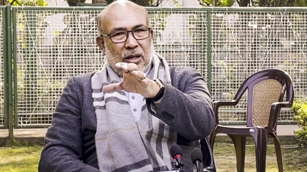 Manipur Chief Minister N. Biren Singh addressing the public while emphasizing the importance of peace and alleging that ongoing violence is affecting development.
