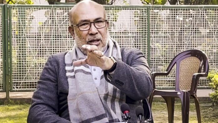 Manipur Chief Minister N. Biren Singh addressing the public while emphasizing the importance of peace and alleging that ongoing violence is affecting development.