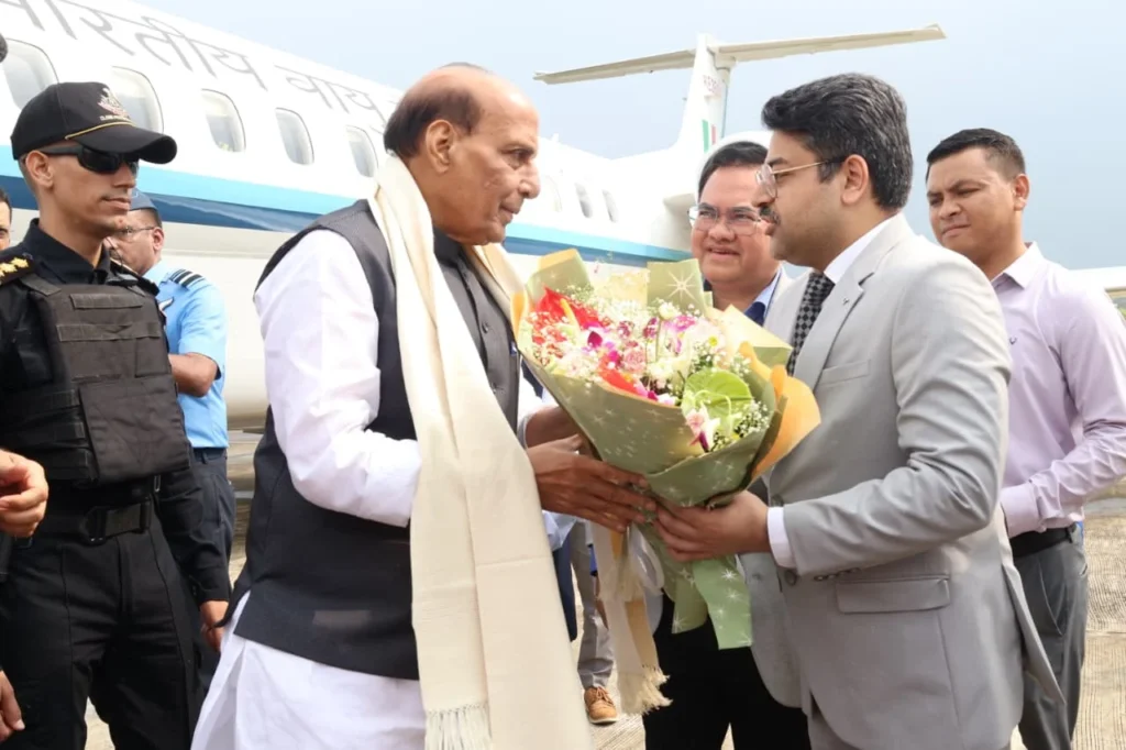 Defence Minister Rajnath Singh arriving in Shillong to review airport and highway expansion projects with officials