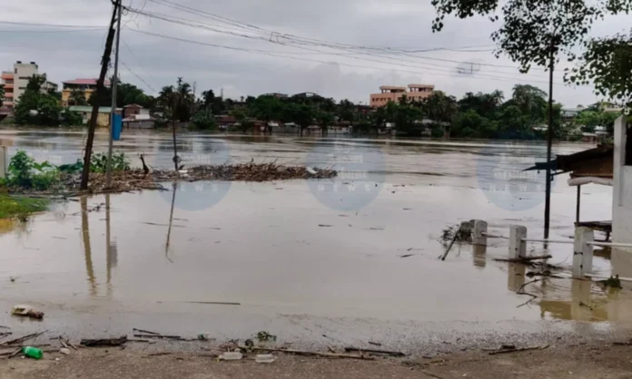 Engineers monitor rising water levels in the Barak River as authorities issue a yellow alert in Assam's Cachar district.