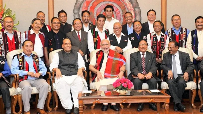 Community leaders and district officials meet during a peace committee session to discuss inter-tribal dialogue in Nagaland.
