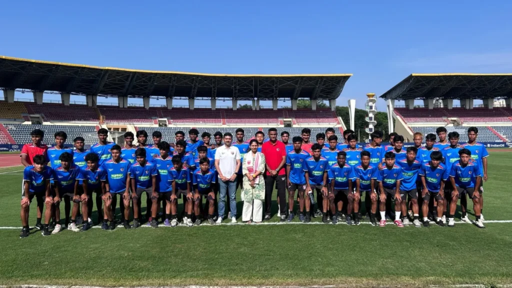 Union Sports Minister Raksha Khadse interacting with young football players at NorthEast United FC's youth academy.