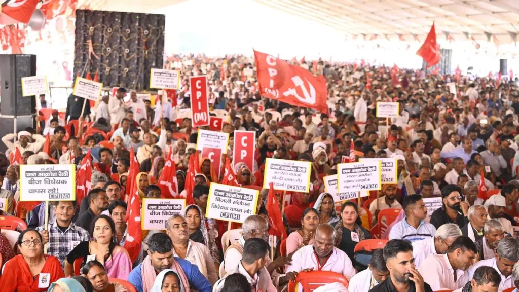 CPI(M) leaders addressing supporters while discussing concerns over identity politics and the need to preserve secular values in the northeastern hills.