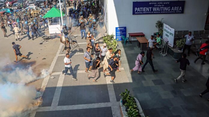Health workers at RIMS Hospital in Imphal appealing for the protection of patients and urging authorities to avoid deploying tear gas within hospital premises.