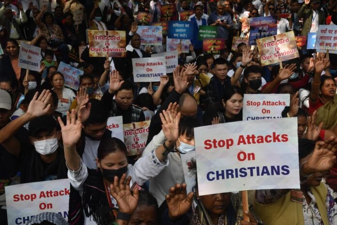 Representatives of the North East India Christian Council addressing the media while issuing a statement condemning the killings and calling for justice.