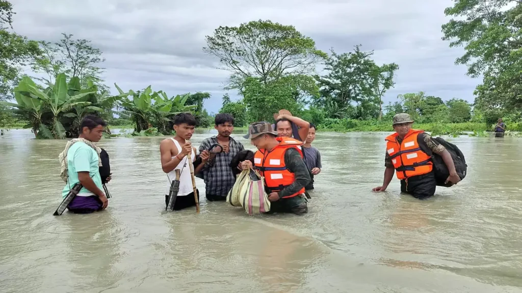 Officials conduct an aerial survey over flood-affected areas of Arunachal Pradesh to assess damage and guide rescue and relief operations.