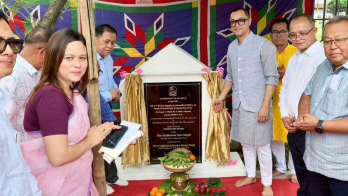 MLA RK Imo laying the foundation stone for a multi-million-litre overhead water reservoir under the AMRUT 2.0 scheme.