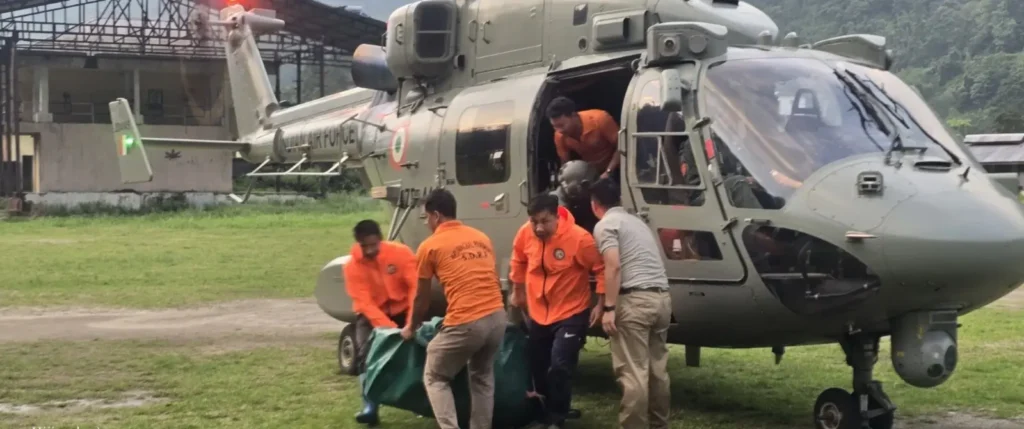 Indian Air Force helicopter rescues stranded residents from flood-affected areas in Arunachal Pradesh's Dambuk region.