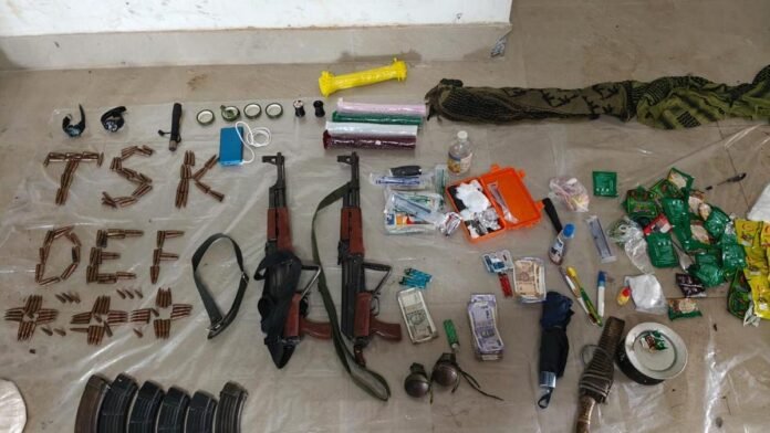Joint security personnel conduct an operation in Tinsukia following the arrest of two suspected ULFA(I) cadres.