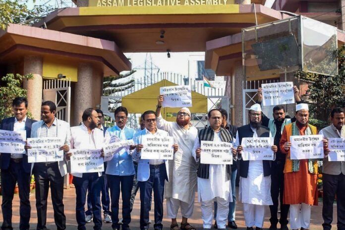 Members of the Assam Legislative Assembly participate in a session as the AIUDF retains its two seats in the House.