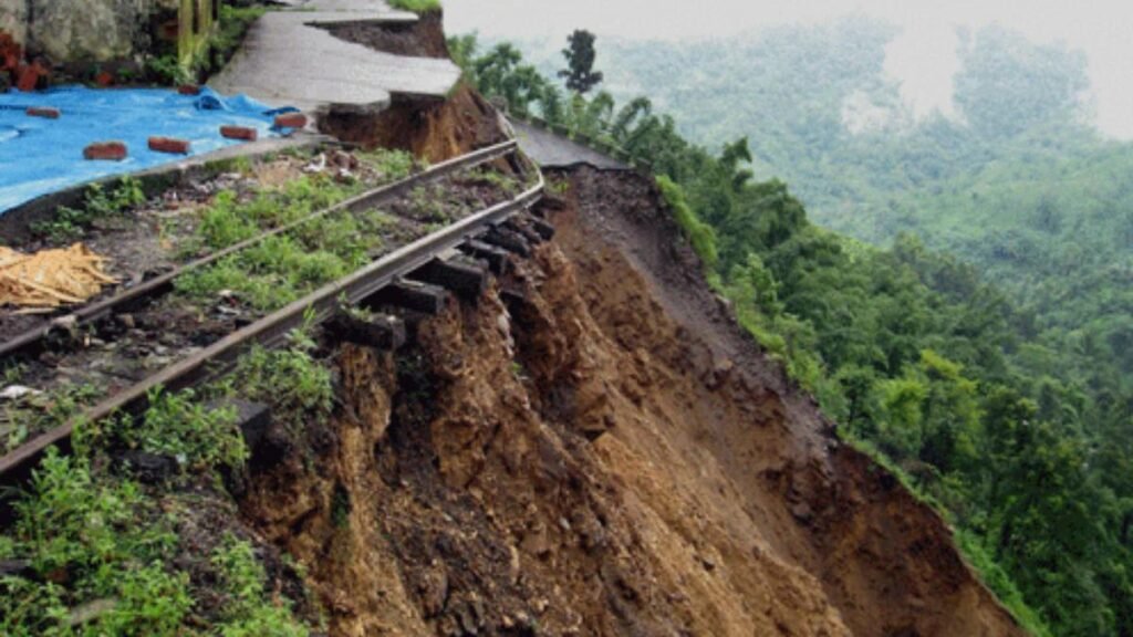 A massive landslide blocks the Imphal-Jiribam National Highway in Noney district of Manipur, stopping vehicle traffic after heavy rainfall.