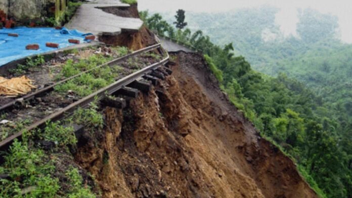 A massive landslide blocks the Imphal-Jiribam National Highway in Noney district of Manipur, stopping vehicle traffic after heavy rainfall.
