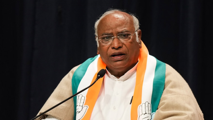Congress President Mallikarjun Kharge addresses the media while calling for additional flood relief funding for northeastern states.