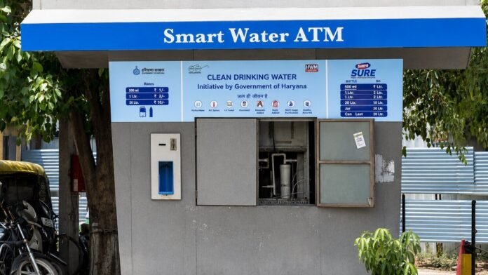 Automated Water ATM installed at a busy urban location providing purified drinking water to the public.